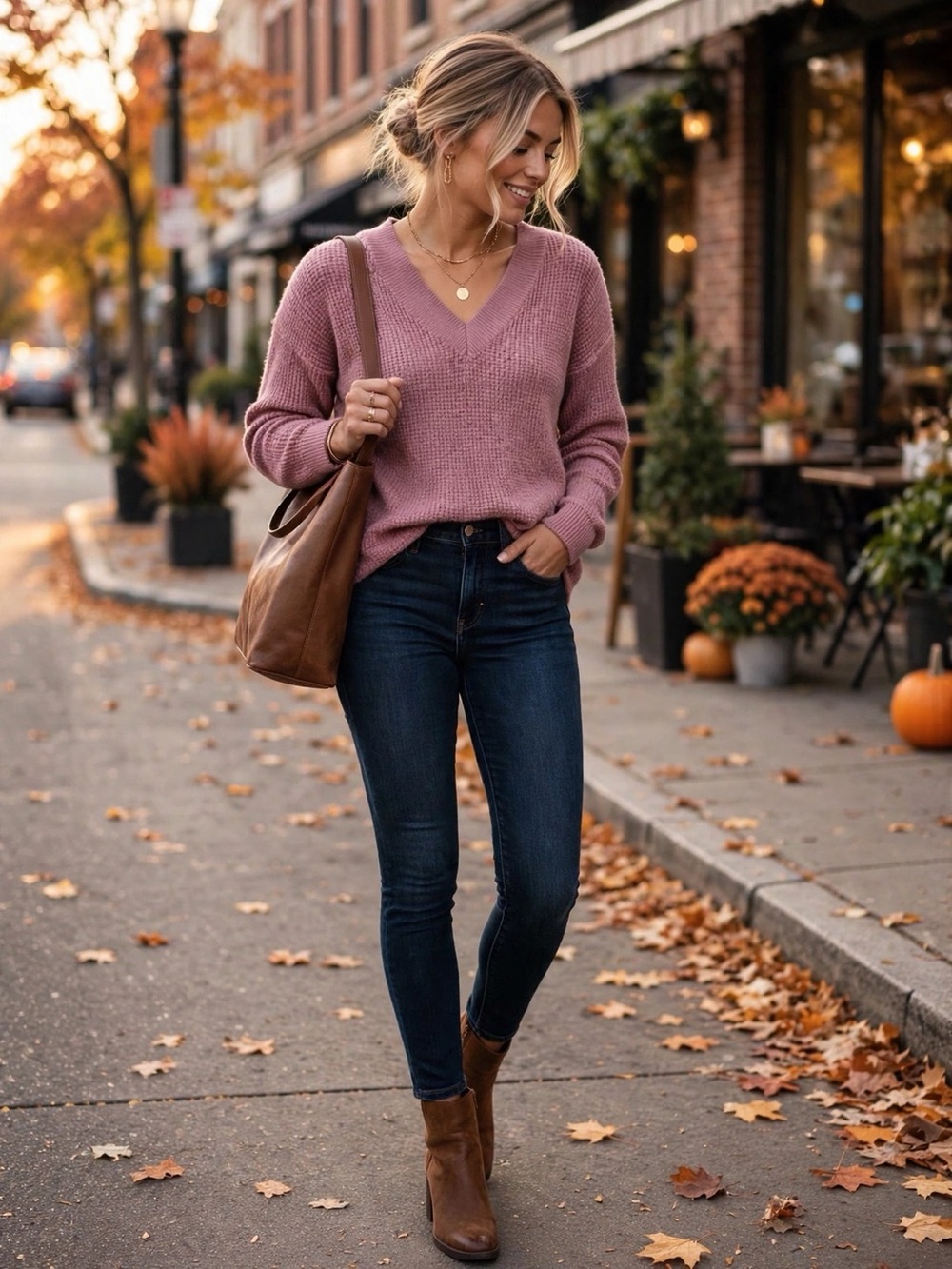 Kersh Mauve V-Neck Waffle Knit Sweater Wool Cotton Blend | Size S